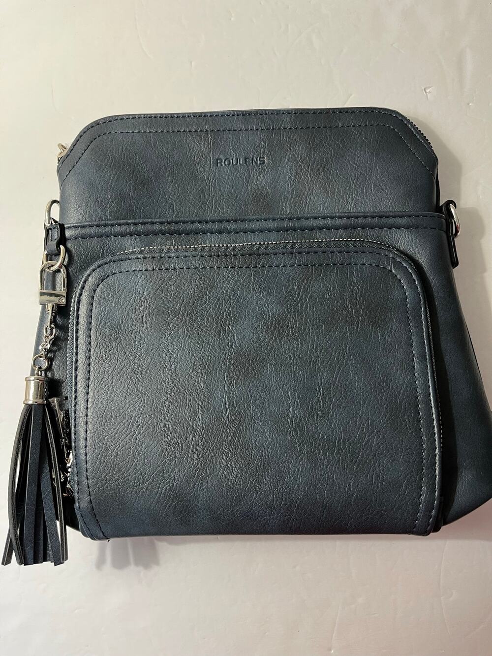 Roulens Blue Vegan Leather Crossbody Purse Tassel Adjustable Strap NEW